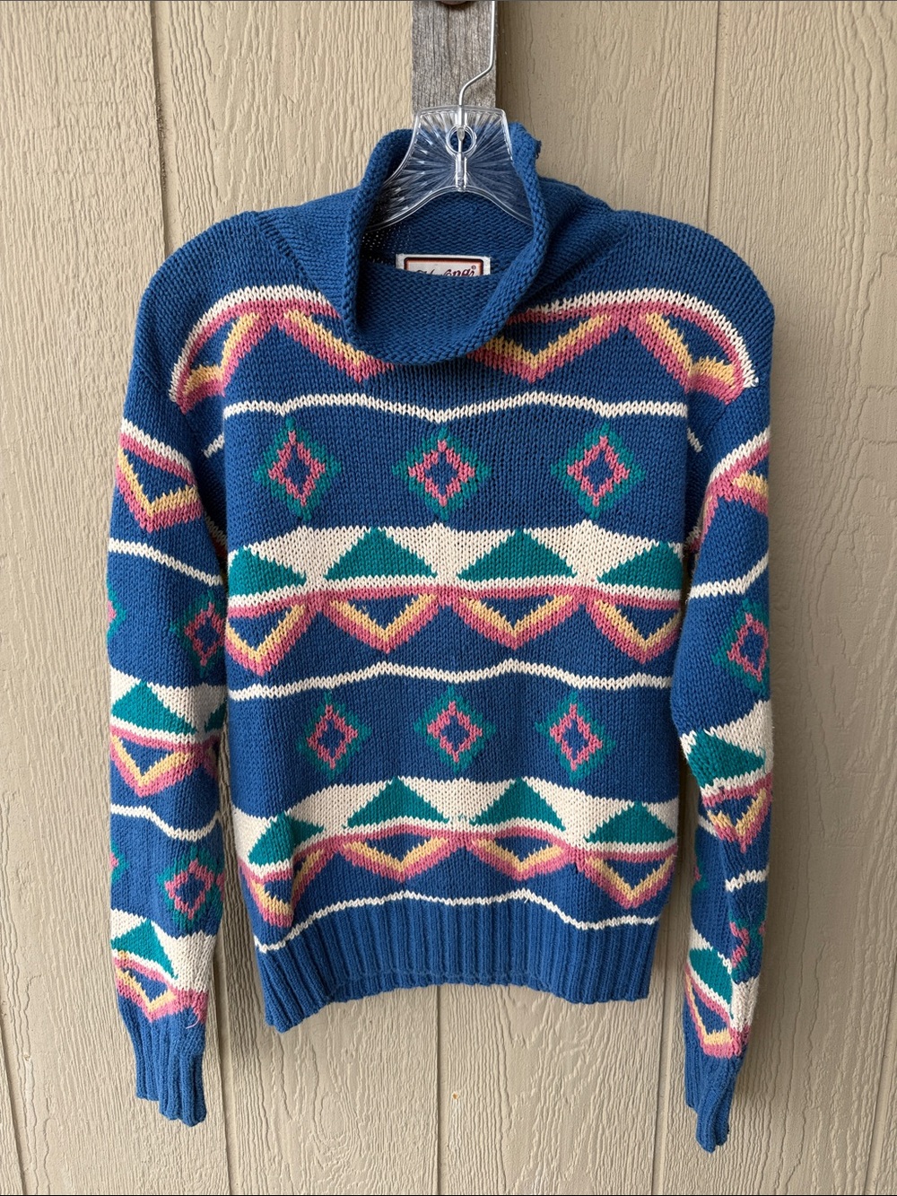 Vintage Marina Blue Geometric Pattern Mock Turtleneck Sweater - Picture 11 of 12